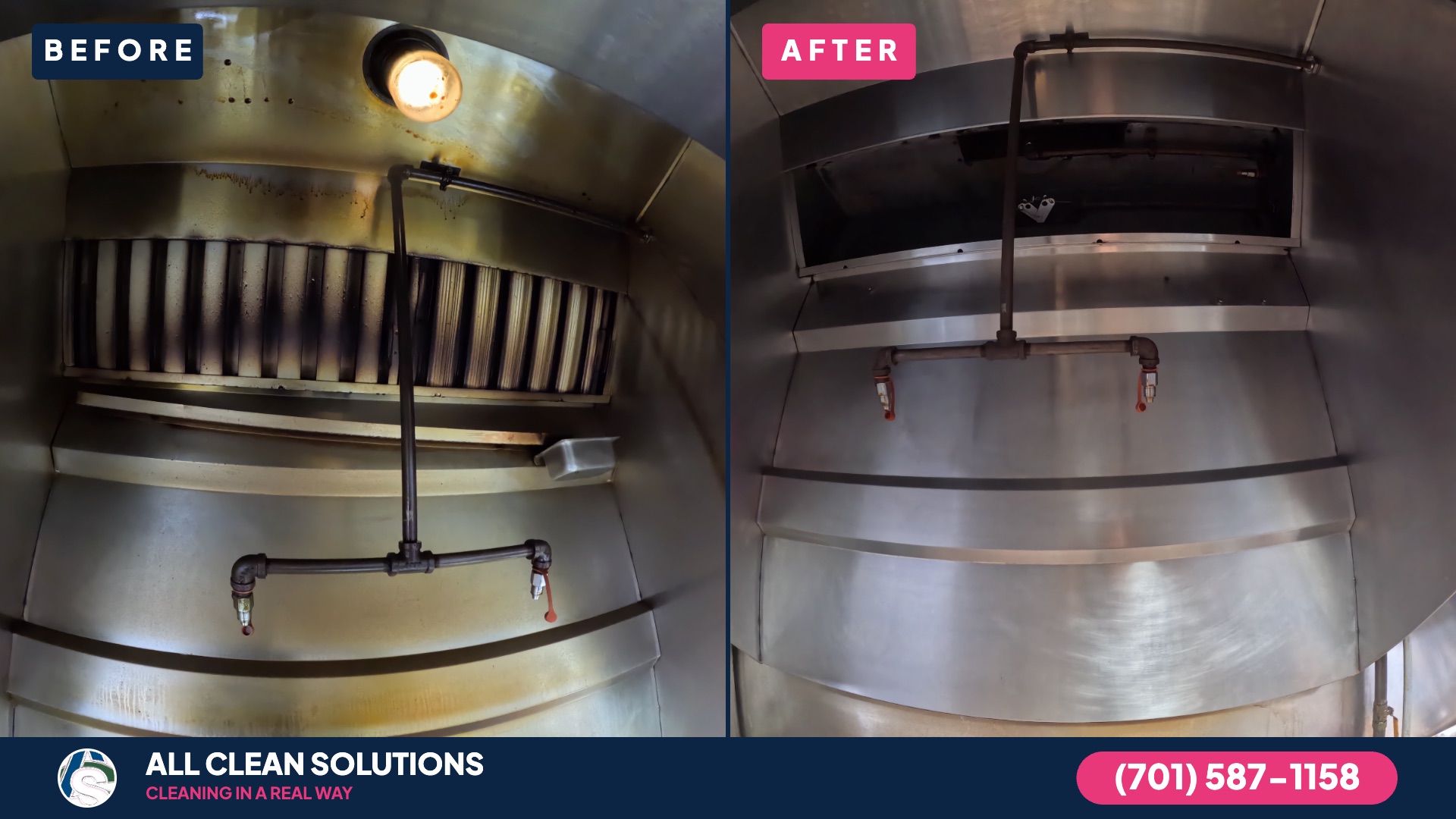Before and after restaurant hood cleaning by All Clean Solutions in Bismarck ND
