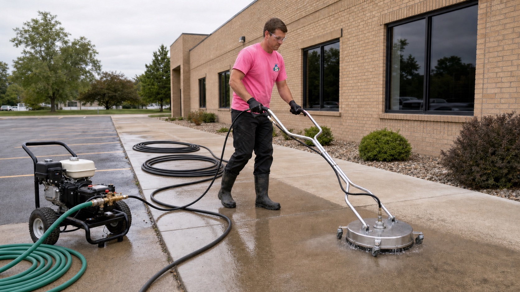 Illustration of concrete pressure washing with a surface cleaner